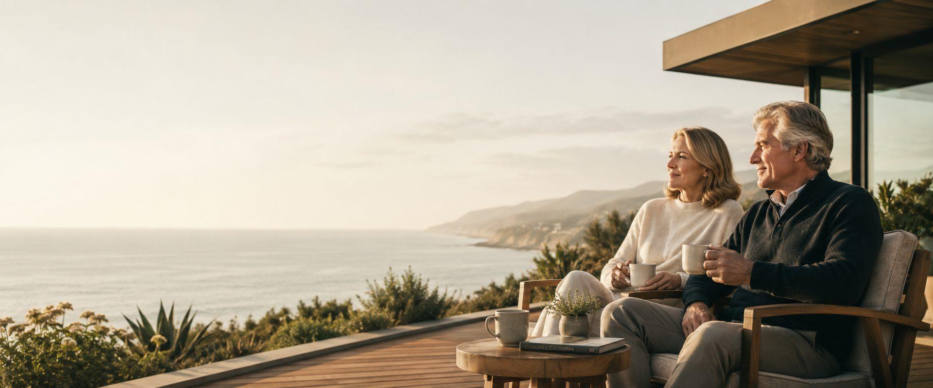 A retired couple enjoying coffee on the deck of a coastal home